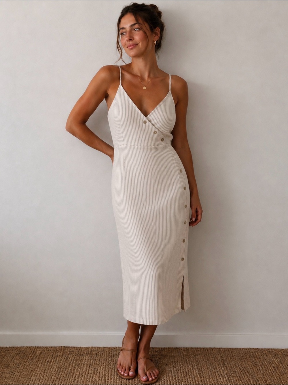 Francesca Bettini Pinstripe Spaghetti-Strap Midi Dress